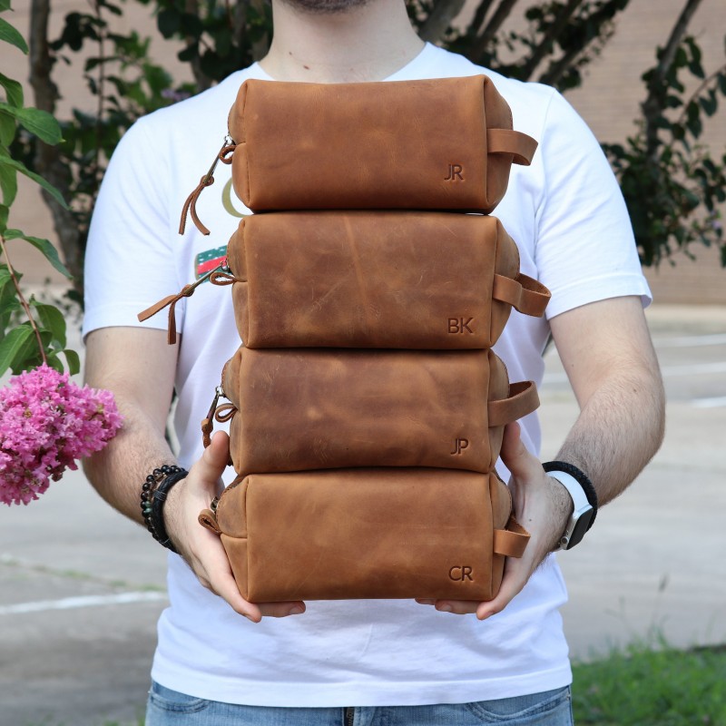 Personalized Leather Groomsmen Dopp Kit - Handmade Leather Shaving Kit